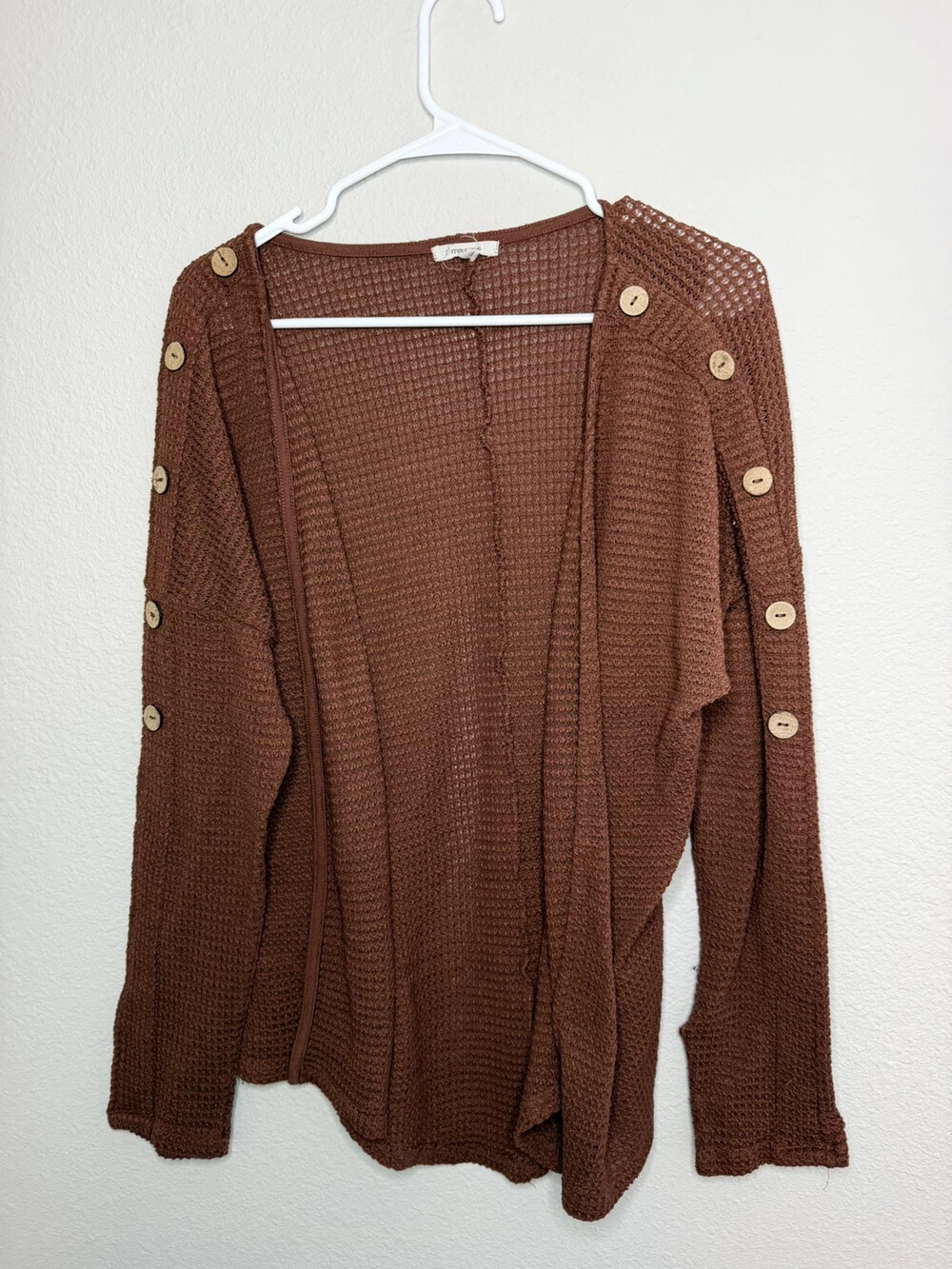 Maurices Brown Open Front Knit Cardigan with Button Sleeves – Medium